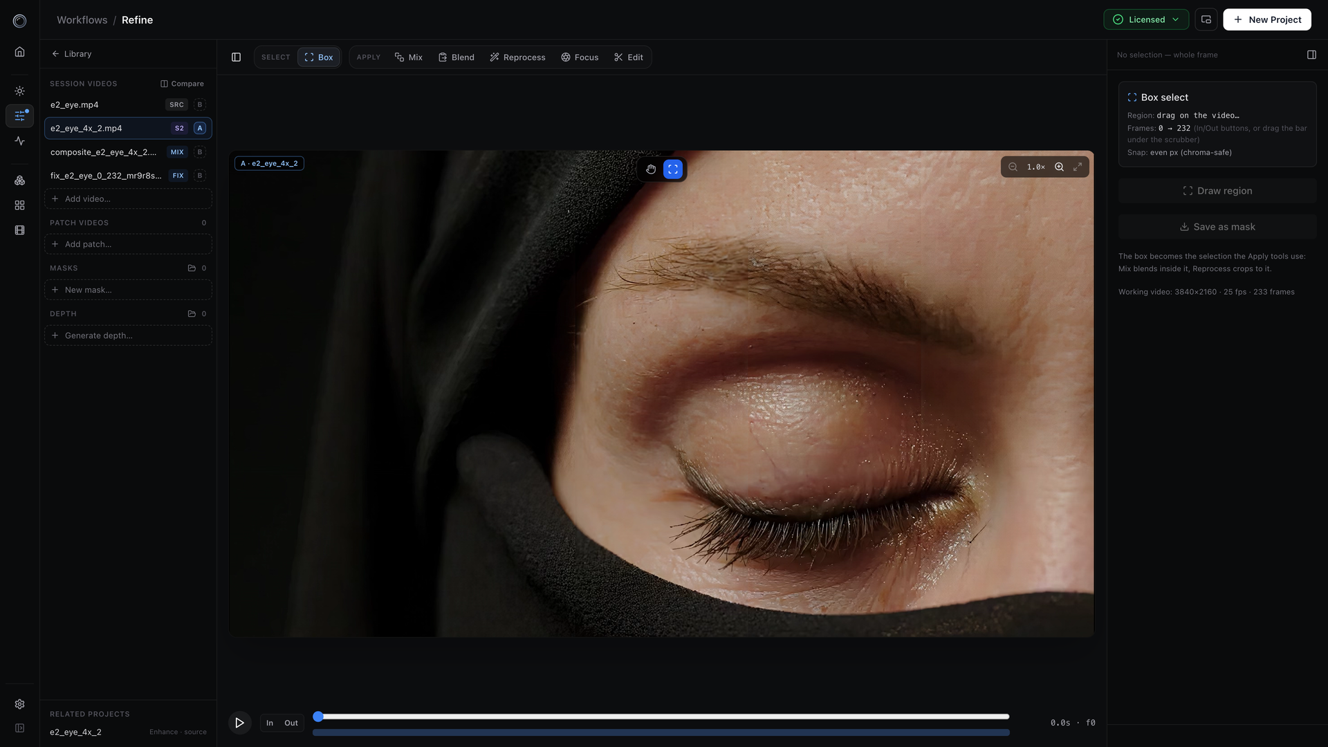 The Refine workspace with the Box-select tool over the upscaled clip