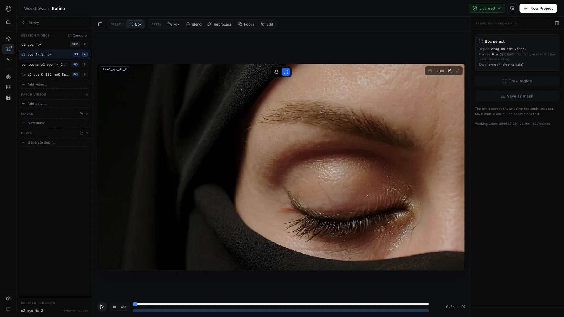 The Refine workspace with the Box-select tool over the upscaled clip